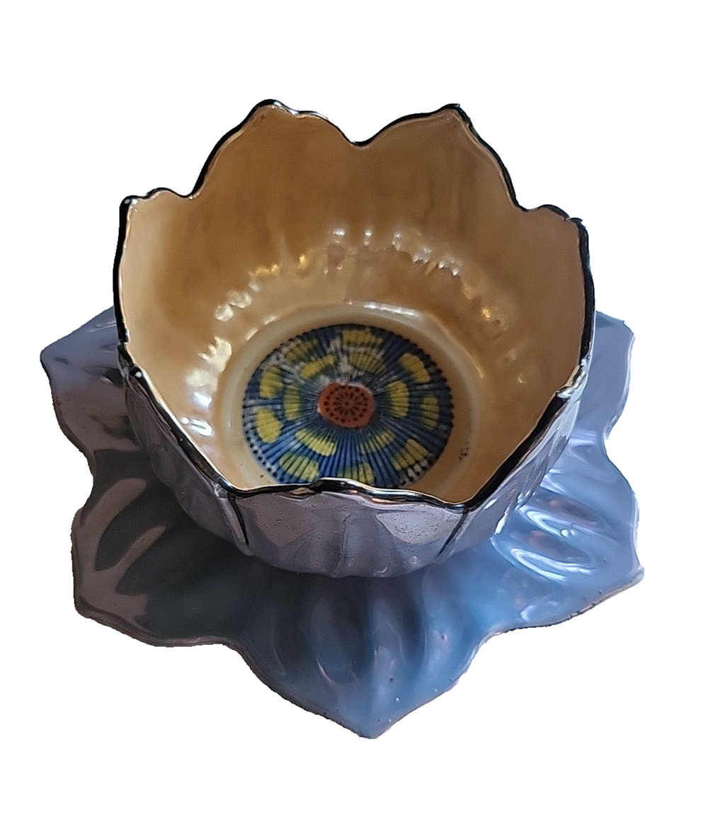 Japanese Hand Painted Lusterware Lotus Bowl And Saucer 3 x 6.5"